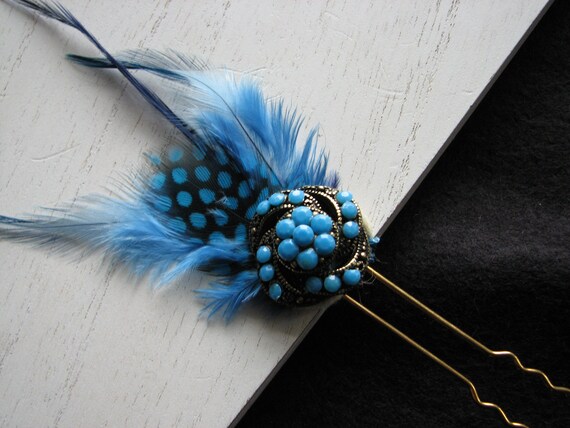 Blue Hair Pin Gold Hair Fork Vintage Style Feather Etsy