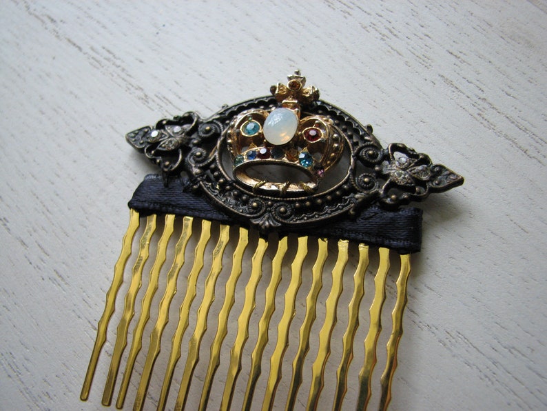 Gold crown hair comb rhinestone hair piece, fake opal, decorative hair piece, baroque frame image 4