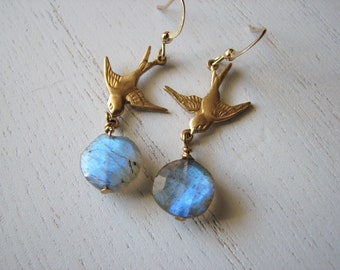 Labradorite earrings dangle- nature inspired, swallow, bird earrings, gold plated brass