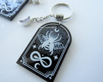 Silver scarab acrylic keychain - gothic keyring women, mens keyring, celestial keyring, snake, moon and crystal