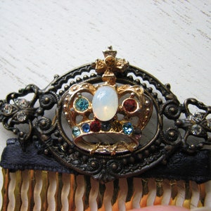 Gold crown hair comb rhinestone hair piece, fake opal, decorative hair piece, baroque frame image 1