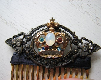 Gold crown hair comb - rhinestone hair piece, fake opal, decorative hair piece, baroque frame