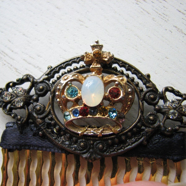 Gold crown hair comb - rhinestone hair piece, fake opal, decorative hair piece, baroque frame