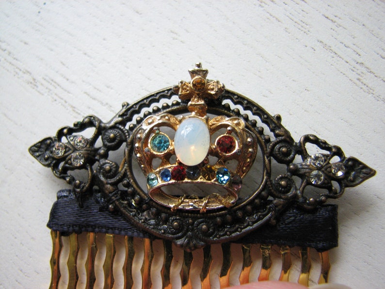 Gold crown hair comb rhinestone hair piece, fake opal, decorative hair piece, baroque frame image 1