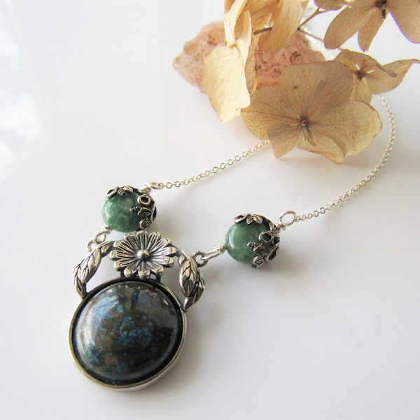 Sterling silver flower necklace - chrysocolla pendant, floral necklaces for women, boho