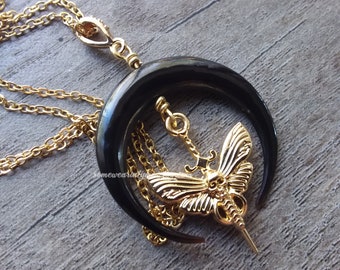 Moth and moon necklace, gothic pendant, deaths head moth, necklaces for women, dagger