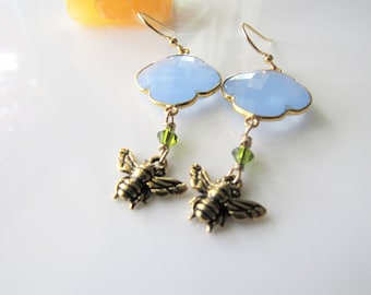 Blue chalcedony earrings - bee dangle, gold and blue, gemstone earrings, bohemian