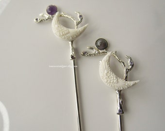 Moon hair stick white - hair pins for women, spring floral moon, carved hair pin, hair stick silver,bone