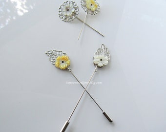 Mother of pearl flower brooch - floral lapel pin, silver stick pin, brooch pin, mens lapel pin flower