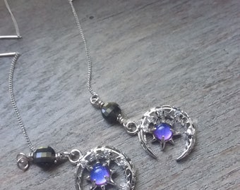 Silver moon threader earrings - celestial dangle, womens statement earrings, space lover gift, gemstone gold obsidian, moonstone