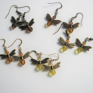Firefly earrings- crystal dangle, insect earrings, wings, topaz crystal, nature inspired