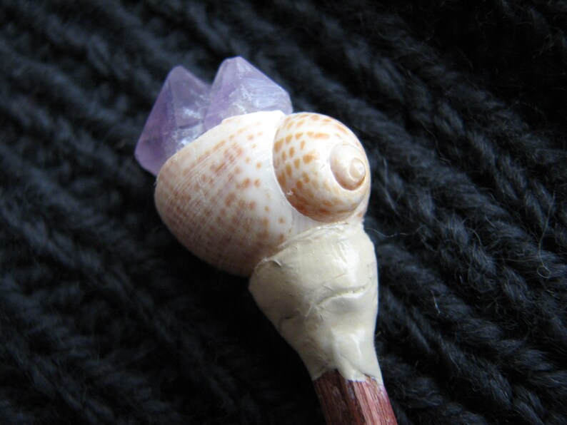 raw amethyst Crystal cluster snail shell handmade shawl pin wood seashell