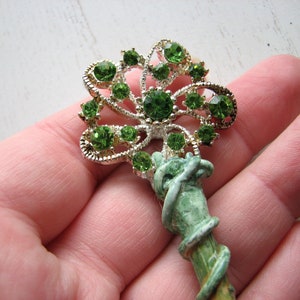 Green rhinestone shawl pin holly wood, decorative pin, spring flowers, snowflake, nature inspired image 10