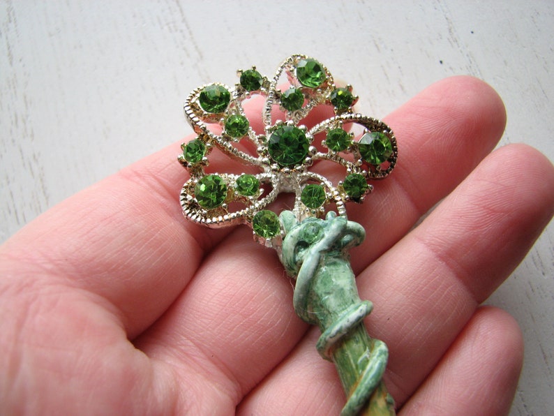 Green rhinestone shawl pin holly wood, decorative pin, spring flowers, snowflake, nature inspired image 10