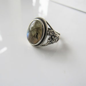 Adjustable labradorite ring - sterling silver, floral statement ring, women, bohemian