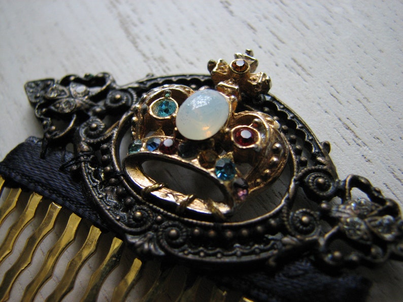 Gold crown hair comb rhinestone hair piece, fake opal, decorative hair piece, baroque frame image 9