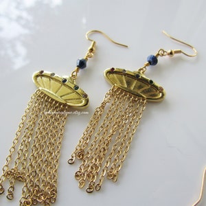 Goldene UFO-Ohrringe baumelnde, handgefertigte Ohrringe für Frauen, Quastenfransen, Edelstein Bild 5
