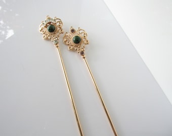 Hair pins for women - bridal wedding, ruby zoisite, gemstone hair pin stick, rhinestone hair piece