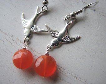 Silver bird earrings - small carnelian dangle, nature inspired, swallow earrings