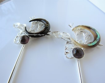 Moon hair pin stick - abalone shell, celestial crescent moon phase, floral hair pin, women, flower hair pin wedding