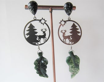 Stainless steel stud deer earrings - snowflake obsidian gemstone, moss agate, nature gifts for women, leaf earrings, woodland