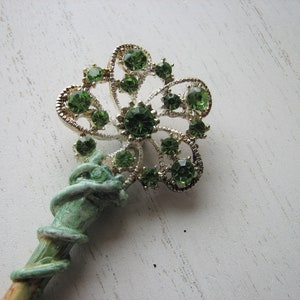 Green rhinestone shawl pin holly wood, decorative pin, spring flowers, snowflake, nature inspired image 7