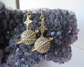 Threader earrings dangle - celestial, saturn planet earrings, womens statement, galaxy dangle