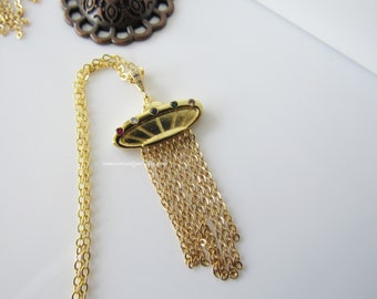 Gold ufo pendant - spaceship earrings, handmade jewelry for women, alien spaceship