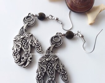 Celtic raven and moon earrings - silver dangle, gothic, gold obsidian, womens earrings, ethnic