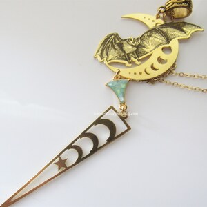 Bat necklace gothic - crescent moon phase, celestial pendant, whimsigoth necklaces for women, statement