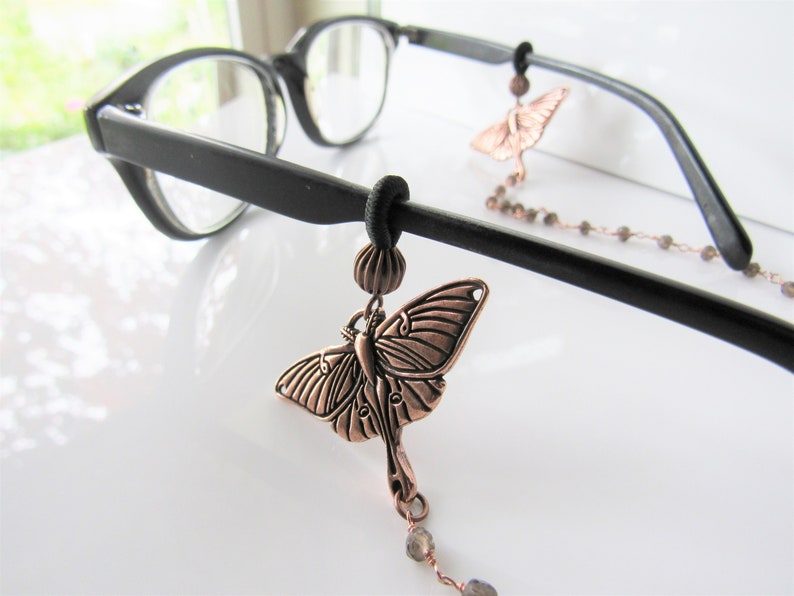 Moth eyeglass chain beaded gemstone, smoky topaz crystal, gothic, womens eyewear, men image 3