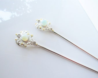 Opalite sphere hair pin - silver hair stick, womens hair pin, wedding day, faux pearls