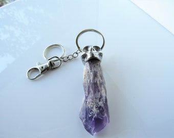 Skull key chain - dragon tooth amethyst, large key ring, silver key holder, gift ideas for men and women