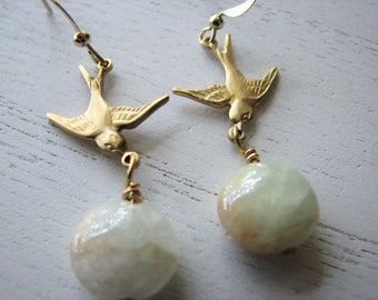 Gold gemstone earrings - swallow bird, prehnite earrings, boho dangle