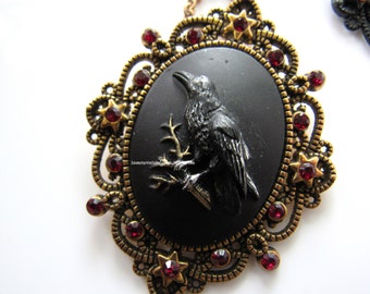 Raven necklaces for women - resin pendant, glass rhinestone necklace, frames, dark cottagecore