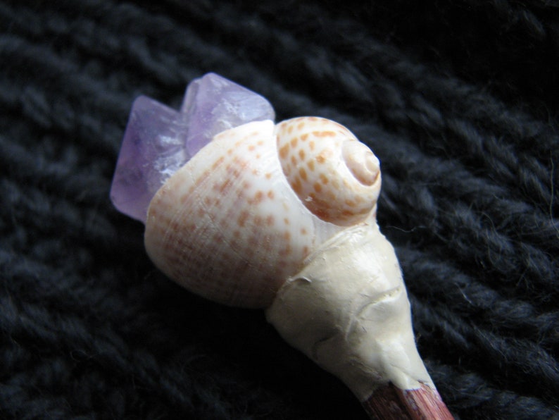 raw amethyst Crystal cluster snail shell handmade shawl pin wood seashell