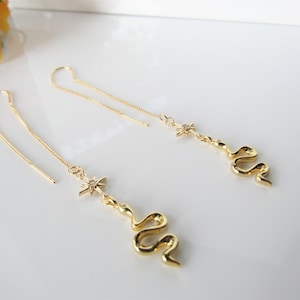 Celestial threader earrings - gold snake dangle, delicate chain earrings, gifts for women