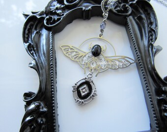 Scarab necklace silver - stainless steel, black onyx, iolite gemstone, necklaces for women, gothic flying insect, men