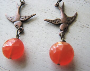 Carnelian earrings - gemstone dangle, swallow bird, faceted gemstone, nature inspired