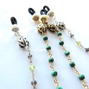 Beaded eyeglass chain for women - ladybug, malachite gemstones, eyeglass chain men, beaded designer chain, eyeglass lanyard, silver