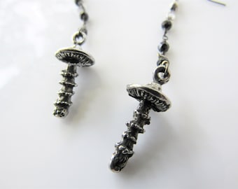 Silver mushroom earrings - gemstone dangle, women, black spinel, toadstool earrings