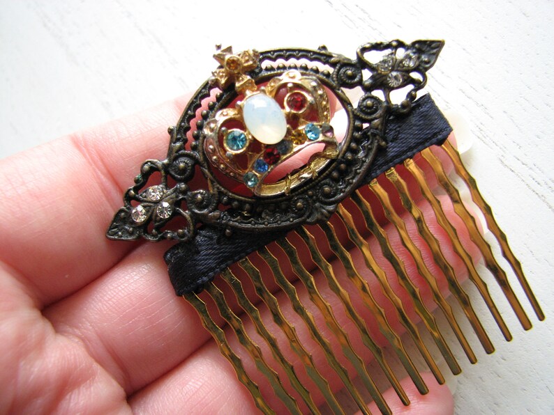 Gold crown hair comb rhinestone hair piece, fake opal, decorative hair piece, baroque frame image 7