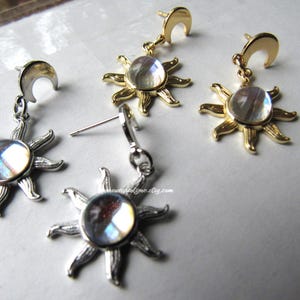 Sun and moon dangle earrings, glass stone moonstone, silver dangle, gold earrings for women, celestialcore