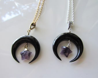 Black moon necklace - amethyst crystal, moon and stars, boho necklace silver, gold