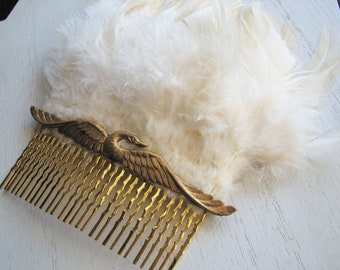 Hair comb gold - wedding accessories, bride hair, bridal, swan, feather fascinator, nature inspired