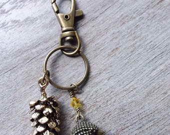 Pine cone key chain -  woodland hedgehog, accessories, nature keychain