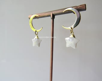 Moon earrings -  gold dangle stud, moonstone star, druzy gemstone earrings, women