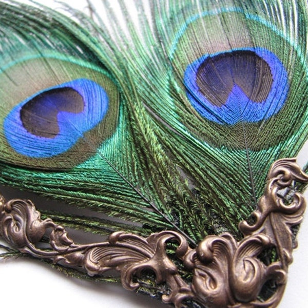 Peacock Feather Fascinator Brass Ornate Scrolled Flower Clip