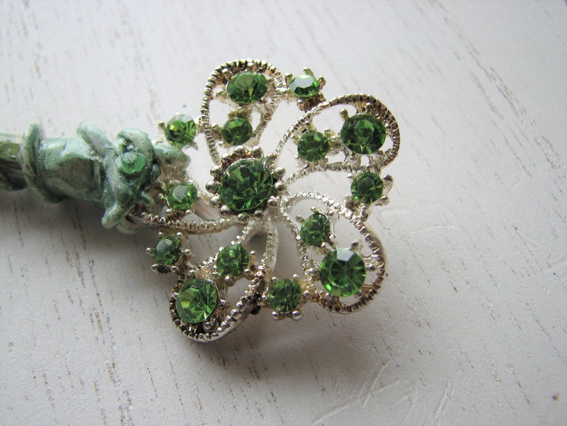 Green rhinestone shawl pin holly wood, decorative pin, spring flowers, snowflake, nature inspired image 4