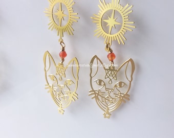 Cat dangle earrings for women - garnet gemstone, carnelian, celestial, gothic style, statement